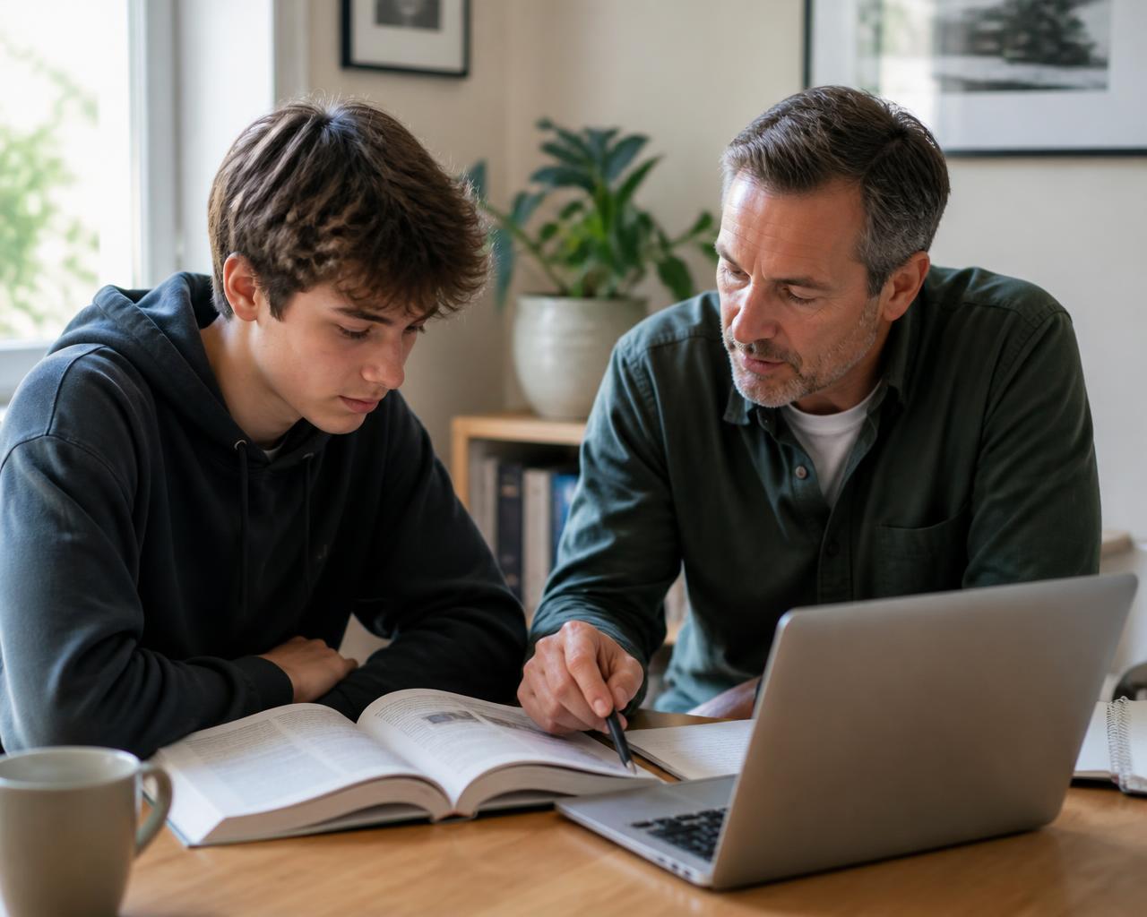 A secondary school student and an experienced male teacher working together on a textbook and laptop at a table in a bright, comfortable study room.